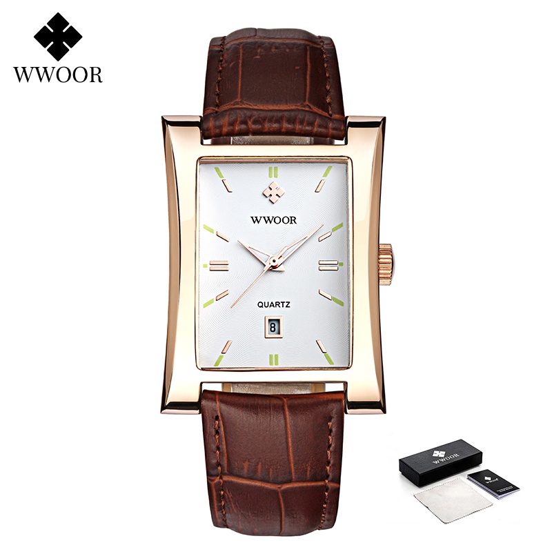 Wwoor 品牌經典時尚男士長方形手錶男金棕色皮革石英防水手錶男士日曆時鐘-8017