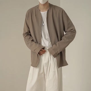 【M-3XL】春夏韓版素色無領襯衫男士長袖休閒寬鬆卡其色襯衫