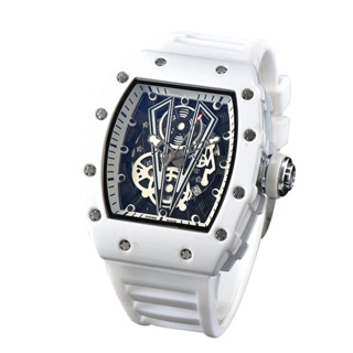 男士手錶 潮流陶瓷鏤空透明底商務手錶 成熟穩重機械風格白色腕錶