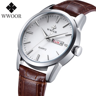 Wwoor 品牌豪華運動商務男士手錶星期日期模擬石英手錶男棕色皮革休閒手錶-8801P