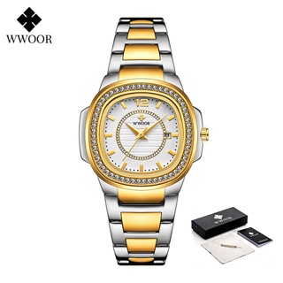 Wwoor 時尚女士手錶金方形設計師女士腕錶奢侈品牌鑽石石英鐘女士禮物-8874