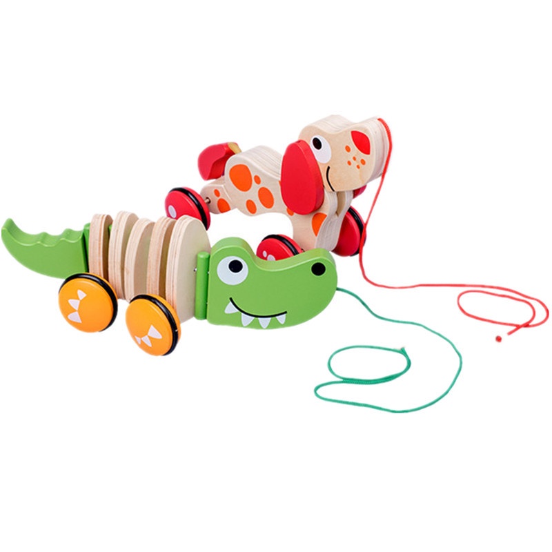木製拖拉小狗鱷魚玩具 嬰幼兒童寶寶玩具 1-2-3歲手拉繩 牽引手拉車