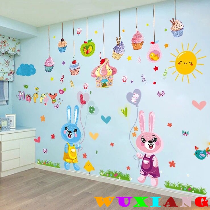 五象設計 卡通冰淇淋吊墜可愛兔子牆貼兒童房背景牆裝飾幼兒園佈置自粘牆貼