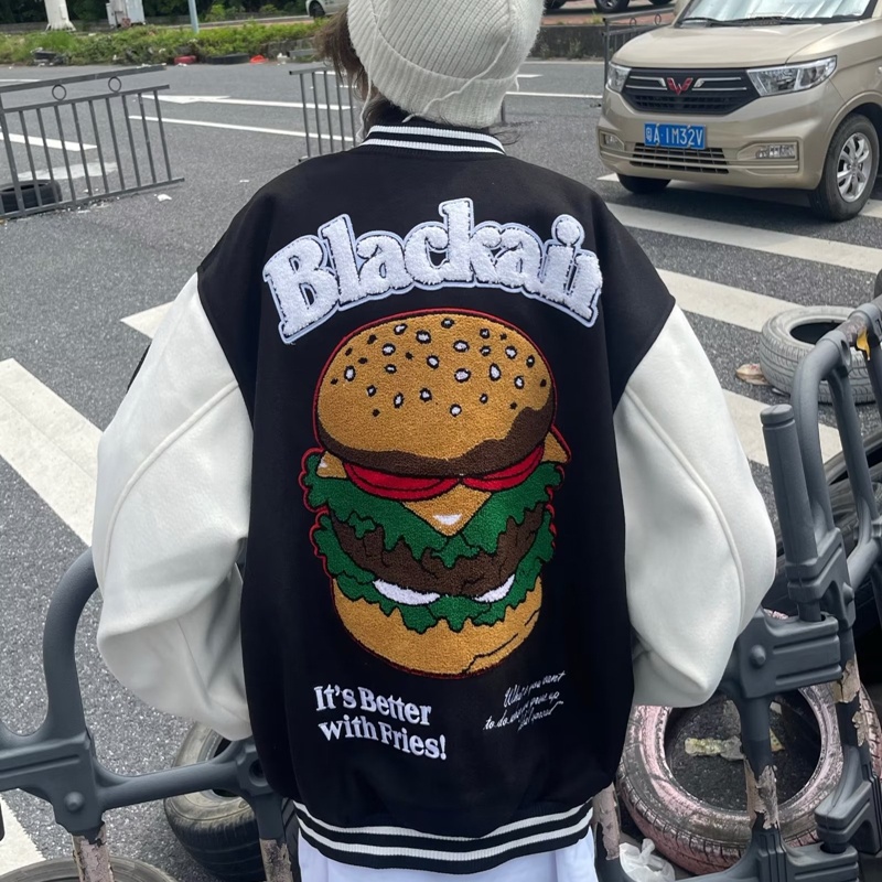 【M-3XL】美式高街漢堡刺繡棒球服外套男士寬鬆百搭秋季夾克