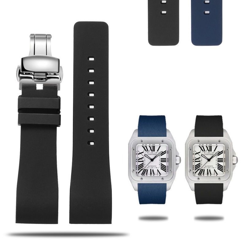 好品質矽膠手錶帶適配山度士Santos100桑托斯蝴蝶扣防水橡膠錶鏈20 23mm