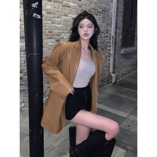 皮衣外套女生 機車皮衣 皮外套 大尺碼 美拉德外套 美式復古 棕色西裝皮衣外套女 港風外套 春秋新款 韓版時尚夾克上衣