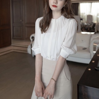 新款女式襯衫白色雪紡襯衫時尚寬鬆漂亮女上衣簡約舒適