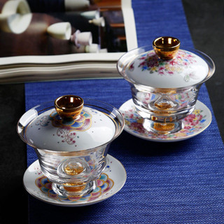 陶瓷三才蓋碗描金邊玻璃大號茶碗琺琅彩手繪浮雕泡茶碗白瓷敬茶碗avnh