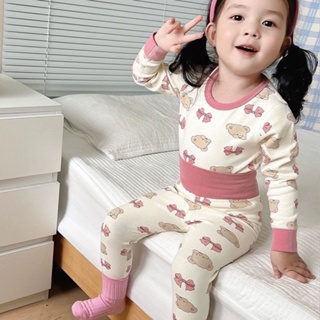 韓國童裝 女童家居服睡衣秋冬款寶寶高腰護肚秋衣衛生褲套裝嬰兒童純棉保暖衣