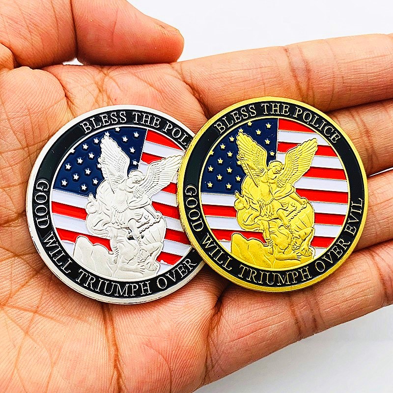 現貨 美國聖邁克爾守護神警察鍍金紀念章 條旗金幣硬幣把玩工藝紀念幣