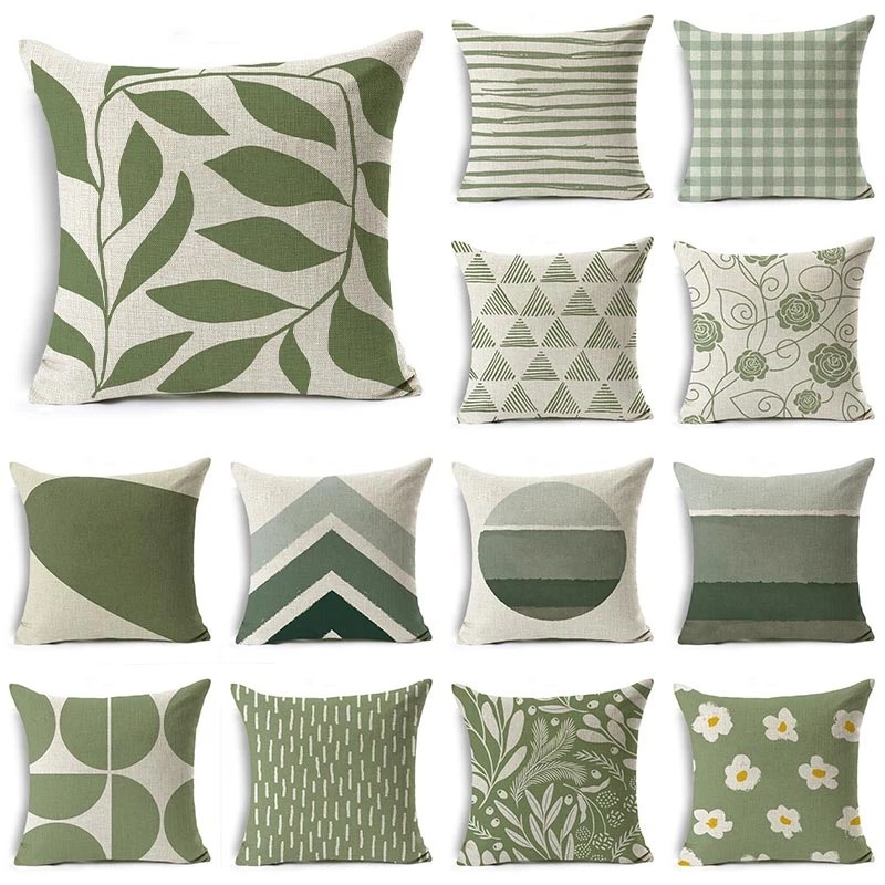 綠色幾何印花亚麻抱枕套居家沙發裝飾靠垫套坐垫套绿叶花朵抱枕套80x80 70x70 60x60 55x55 50x50