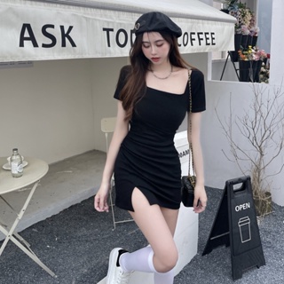 愛依依 洋裝 性感連身裙 開叉 M-XL新款方領小黑裙修身連身裙MB047-7296.