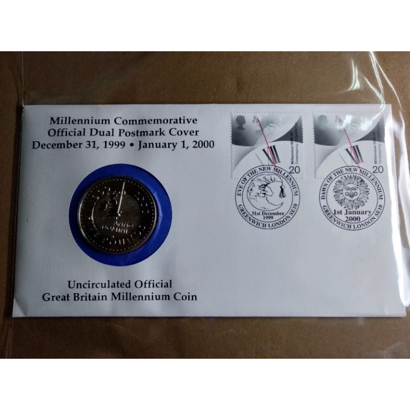 1999年英國千禧年紀念幣+首日封（兩枚郵票）
