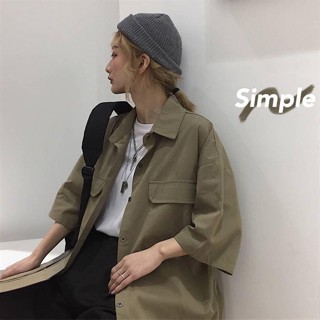 【Wik】短袖 襯衫 女 短袖襯衫女學生韓版寬鬆夏季純色情侶bf港風防曬衣複古工裝外套女