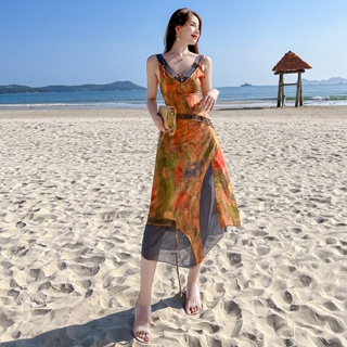 愛依依 洋裝 雪紡裙 波西米亞 S-XL新款法式油畫印花復古不規則V領無袖修身網紗連身裙T601-9656.