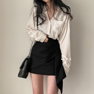 【YW】韓風Chic休閒慵懶襯衫+不規則半身裙 時尚兩件式套裝 韓版短裙套裝 兩件式襯衫裙 洋裝套裝