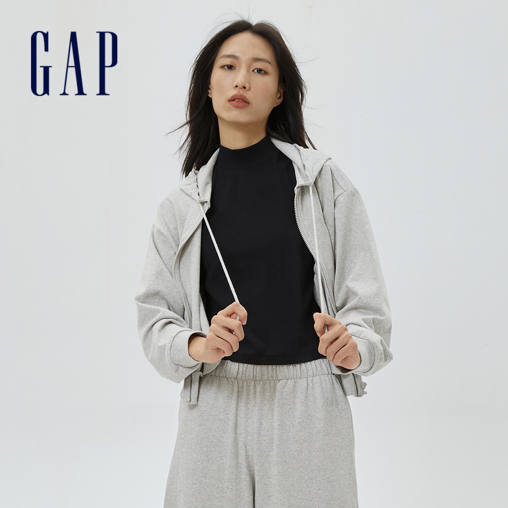 Gap 女裝 Logo短版連帽外套 厚磅密織水洗棉系列-淺灰色(591196)