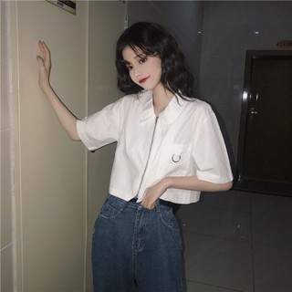 【Wik】短袖 襯衫 女 白色襯衫女設計感小眾法式短款上衣夏季新款韓版寬鬆短袖襯衣