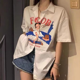 【Wik】短袖 襯衫 女 港風短袖小眾襯衫女夏季薄款防曬上衣寬鬆百搭顯瘦少女卡通印花潮