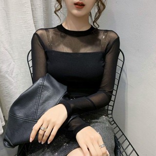 優質新品 雙層拼接網紗打底衫 防曬高彈性緊身長袖素色內搭上衣 t恤 透視內搭衫 透膚打底上衣 網紗T恤 女生衣服