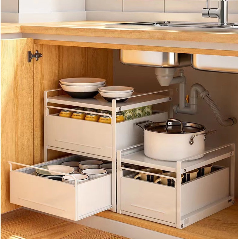 廚房櫥櫃拉籃抽屜式隔闆分層架滑軌調味碗盤抽拉收納盒碗碟置物架