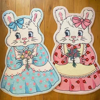 羊咩咩の卡通可愛兔兔小姐兔兔先生地墊萌趣水晶絨地毯客廳臥室防滑耐髒易打理床邊毯