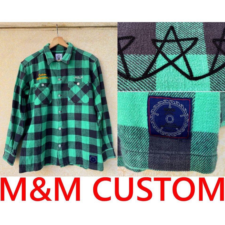 BLACK美中古M&amp;M刺繡復古水洗CUSTOM蘇格蘭格紋法藍絨襯衫