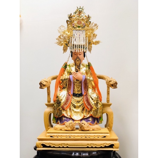 「華誠」一尺三 拖身 拖一尺六 天上聖母 媽祖 含檜木拖椅 紙帽 奏版 圖上全配 神像 金身 樟木雕刻