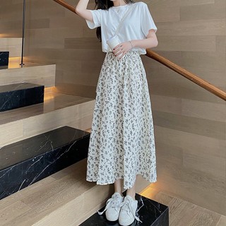 【YW】韓版碎花半身裙 新款小個子長裙 碎花洋裝 高腰半身裙 顯瘦a字裙 垂感中長款裙子 雪紡洋裝 夏天裙子