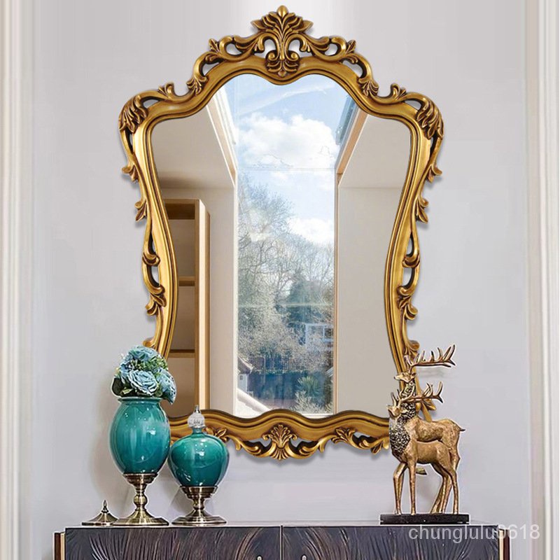 【熱銷】新歐式鵰花浴室鏡美式複古梳妝台化妝鏡酒店壁掛裝飾鏡衛生間鏡子