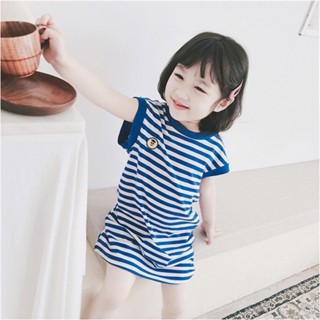 ✨門市熱銷✨女童 童裝 圓領海軍風 t恤短袖裙子 夏季 新款 休閒長款 藍條紋連衣裙 休閒裙 A52111