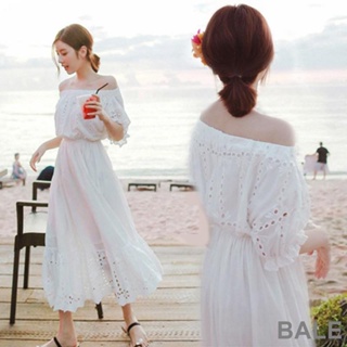 👗一字領洋裝👗連身裙 泰國巴厘島度假沙灘裙女夏季超仙的一字領波西米亞白色抹胸連衣裙 正韓洋裝 女生衣著