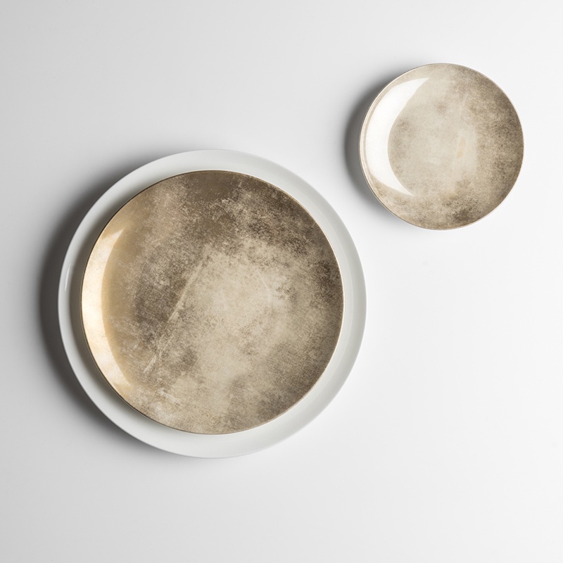 【悅美】意大利knindustrie 復古金色餐盤骨瓷餐具 家用平盤甜品盤沙拉盤