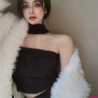 熱銷-【優選購】-掛脖仿貂絨毛衣吊帶背心女秋冬2023新純欲風性感內搭抹胸無袖上衣