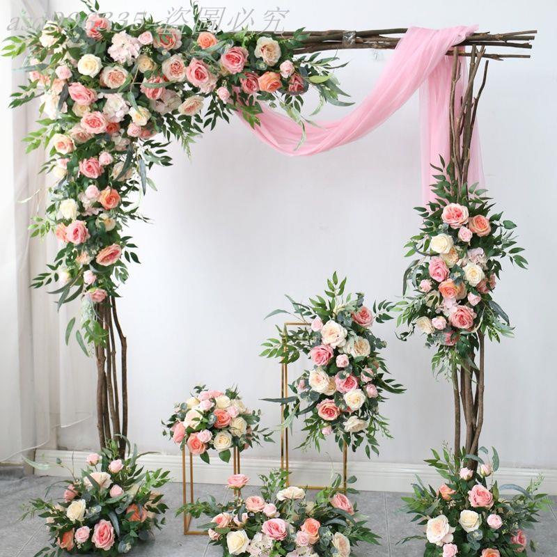 春粉色婚禮花藝布置套裝組合木拱門壁掛排花路引花球暖粉舞臺花架