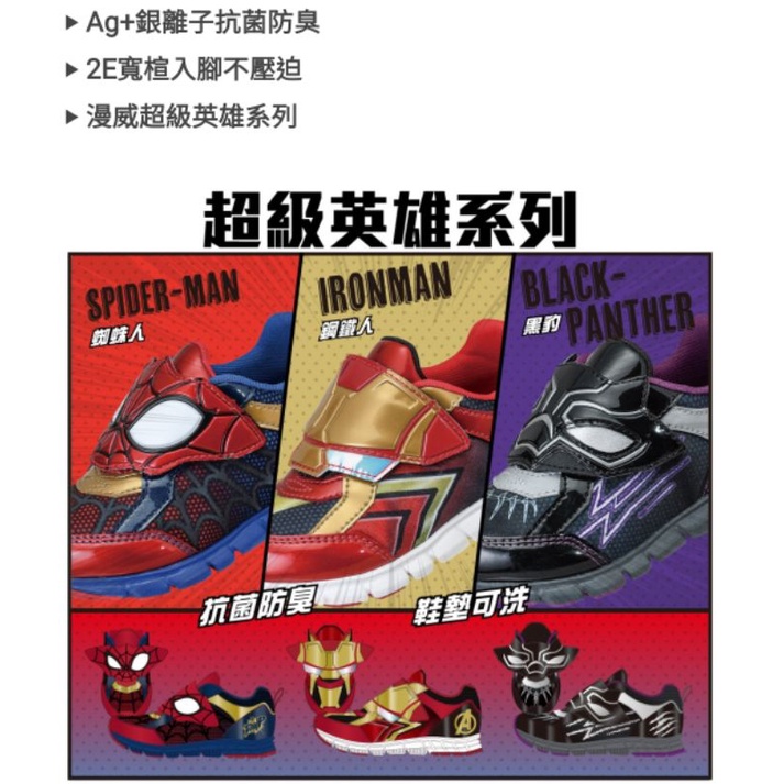 日本moonstar Marvel抗菌防臭 2E健康機能兒童鞋MVL0131蜘蛛人MVL0133鋼鐵人MVL0136黑豹