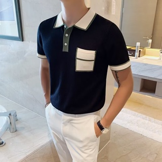 拼色POLO衫男 2色M-2XL 百搭寬鬆夏季短袖上衣 拼接線條口袋襯衫