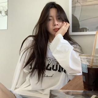 佰分佰/100kg內可穿/純棉白色字母印花長袖T恤/中長款/寬鬆/慵懶風/百搭/韓版上衣/大尺碼