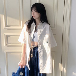 【Wik】短袖 襯衫 女 短袖襯衫外套女設計感小眾襯衣夏季中長款寬鬆外搭防曬衫白色上衣