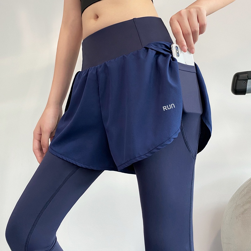 新款高腰運動褲女假兩件式瑜伽褲緊身透氣跑步褲女側袋健身健身房長褲