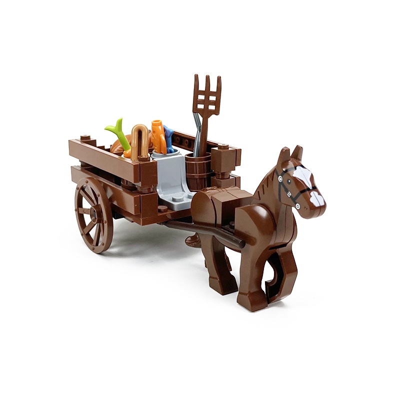 MOC中古世紀馬車輪子農車復古馬場景交通工具人仔小顆粒積木玩具