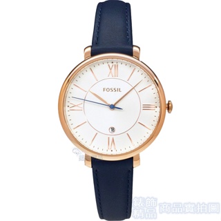 FOSSIL ES3843手錶 白面 玫瑰金框 深藍色 皮帶 36mm 女錶【澄緻精品】