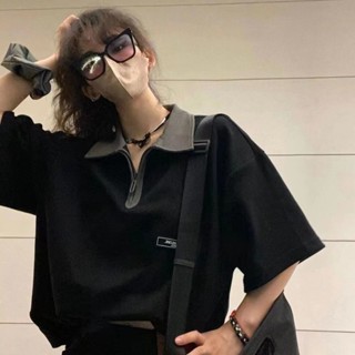 【Wik】短袖 T恤 女 純棉港風複古polo衫T恤女短袖寬鬆原宿風潮ins百搭學生翻領上衣夏
