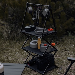 露營桌戶外三層收納架便攜儲物鋁合金桌黑色野營裝備折疊多層置物架露營