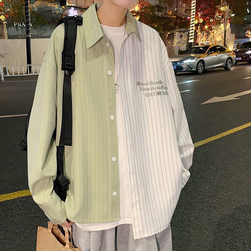 臺北出貨條紋拼接長袖襯衫男春秋季vintage不規則撞色襯衣小眾設計感上衣