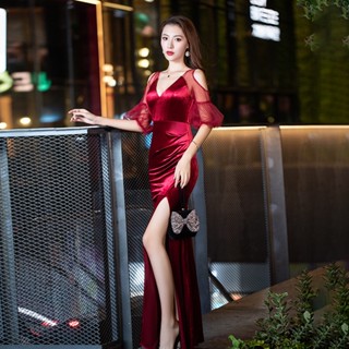 夜店洋裝 名媛性感深V露背泡泡袖低胸長款禮服 車模街拍長裙 露肩網紗誘惑長裙 連身裙 絲絨禮服 婚禮洋裝伴娘禮服小禮服裙