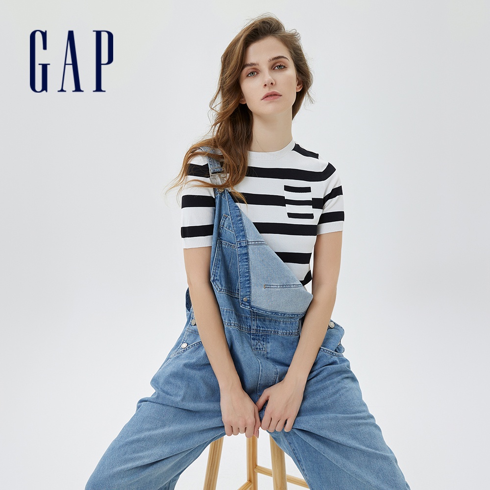 Gap 女裝 條紋彈力圓領針織短版短袖T恤-黑白條紋(610577)