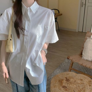 【Wik】短袖 襯衫 女 夏季法式短袖白色襯衫女外穿寬鬆鹽係襯衣洋氣薄款上衣新款潮