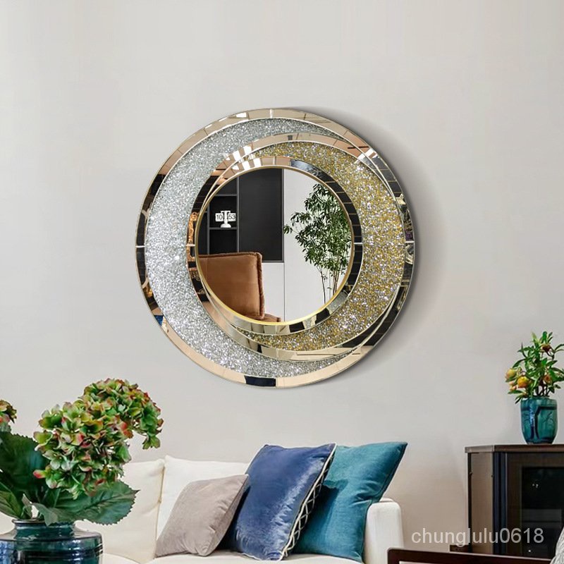 【熱銷】輕奢鑲鑽拚鏡圓形藝術鏡客廳玄關壁掛裝飾鏡歐式浴室鏡衛生間鏡子