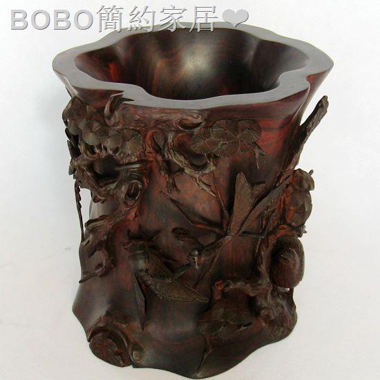 筆筒 (唐木紅木紫檀透かし彫り筆筒)